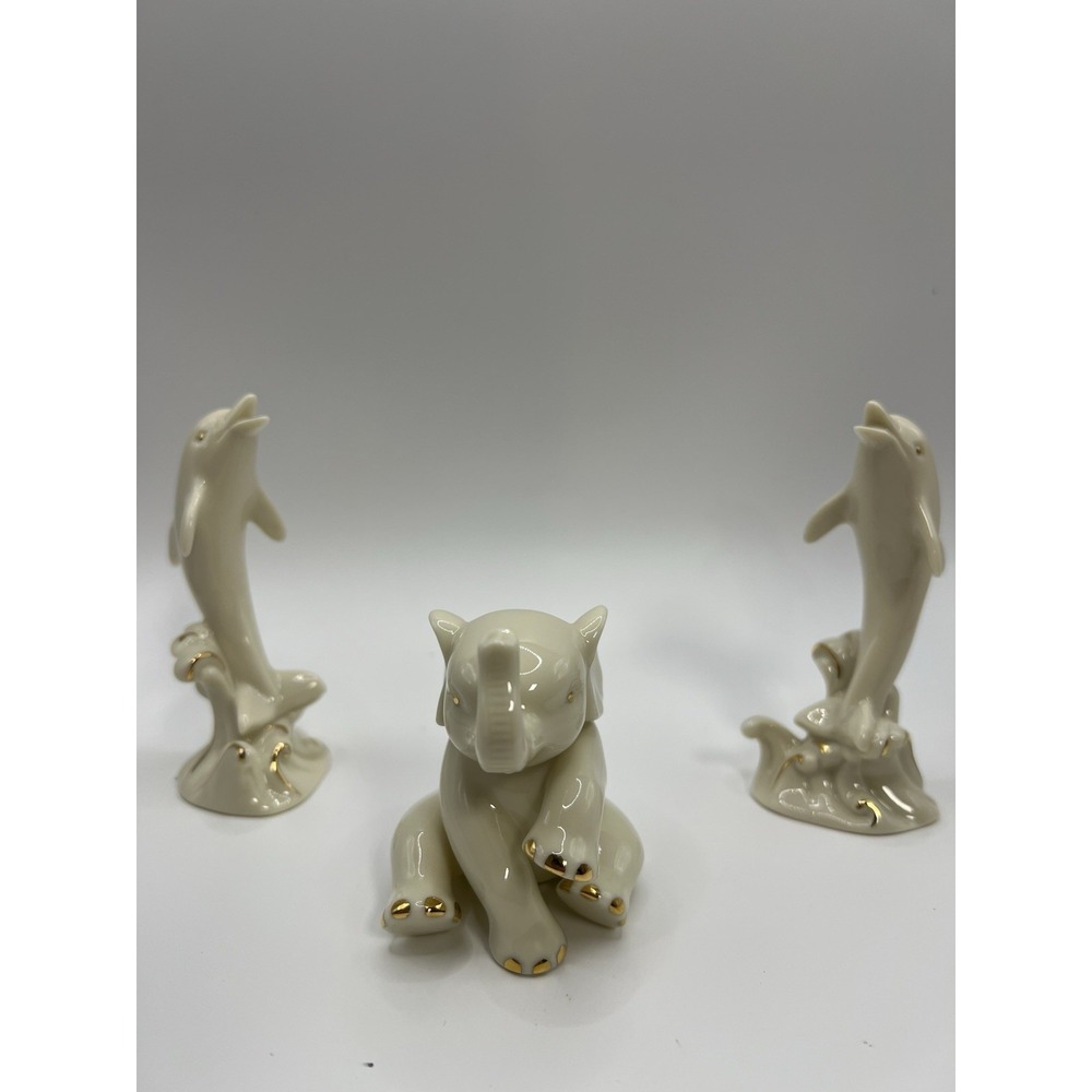 LENOX Porcelain Dolphins & Elephant Figurines 24k Gold Vintage   (Lot of 3)